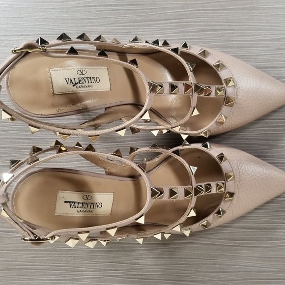 Valentino Rockstud Ankle Strap Pump Poudre Pebbled Leather Womens Size 8.5 /38.5 - Picture 8 of 14
